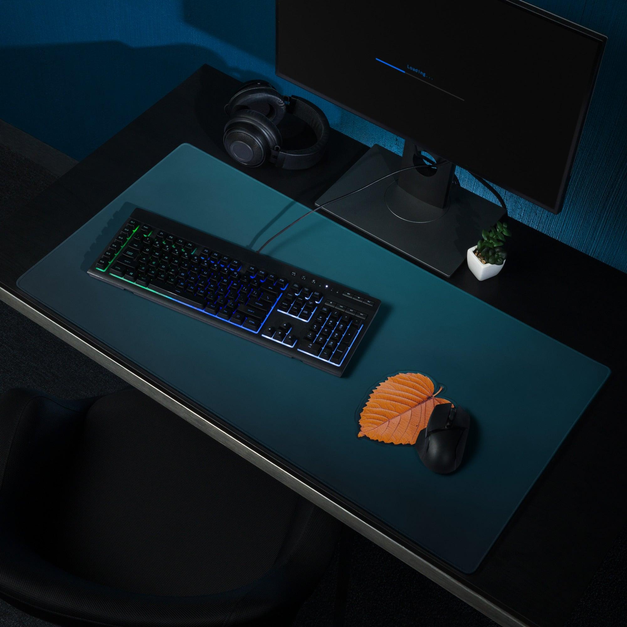 Professional large deep ocean blue gaming mouse pad with keyboard and mouse