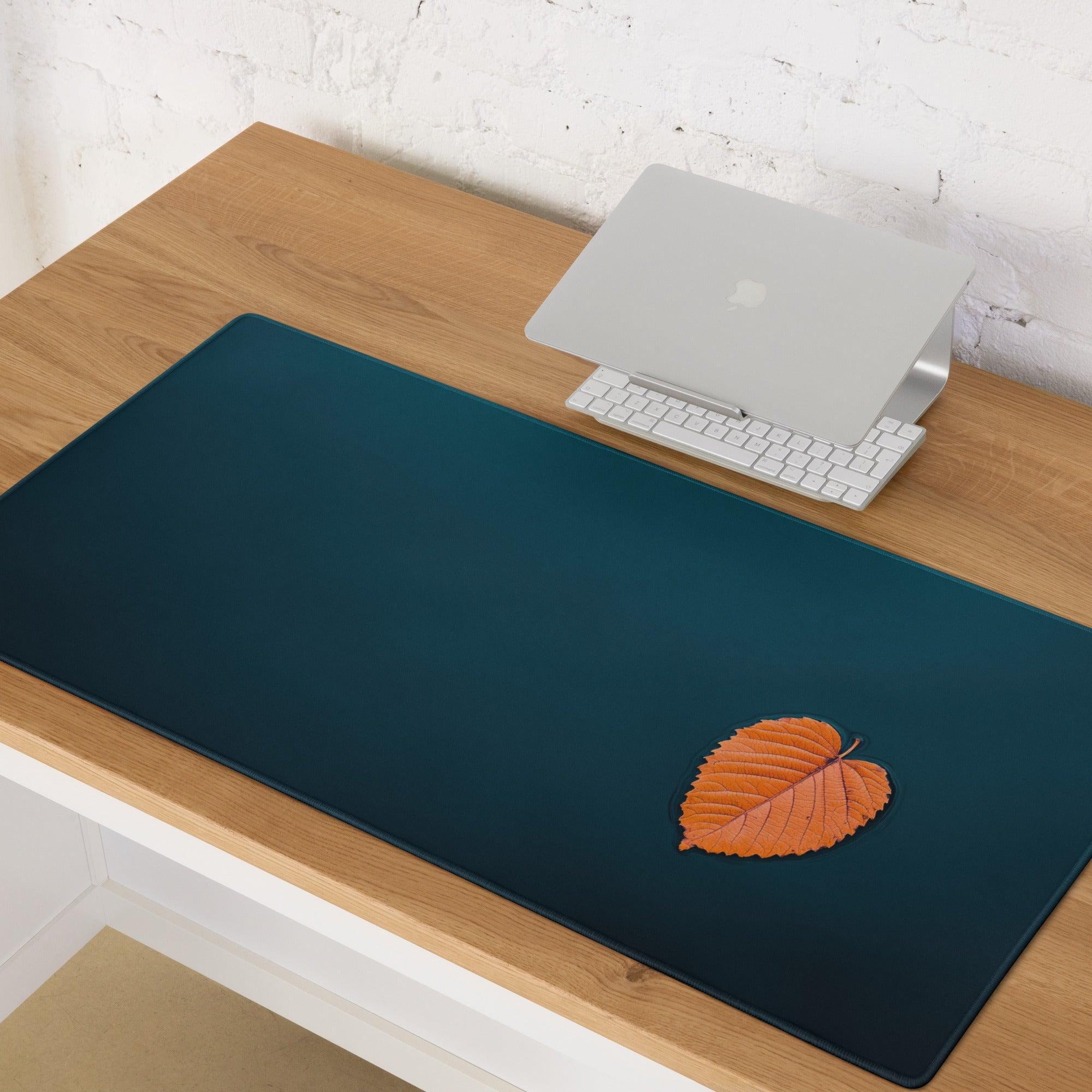 Professional large deep ocean blue gaming mouse pad with orange leaf design