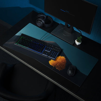 Black and teal gaming mousepad with orange leaf texture on Epic Mountain design