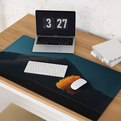 Sleek dark teal black gradient desk mat with orange tree reflection