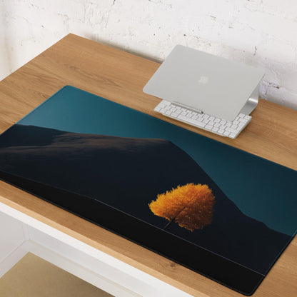 Epic Mountain Landscape With Orange Tree gaming mouse pad, teal black design
