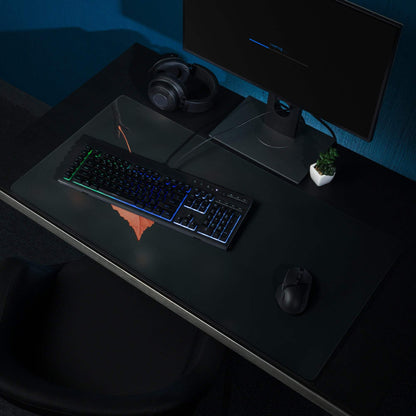 Black RGB gaming keyboard on minimalist leaf black gaming mouse pad