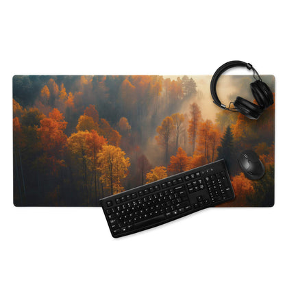 Premium Autumn Forest gaming mouse pad with vivid orange trees and misty backdrop