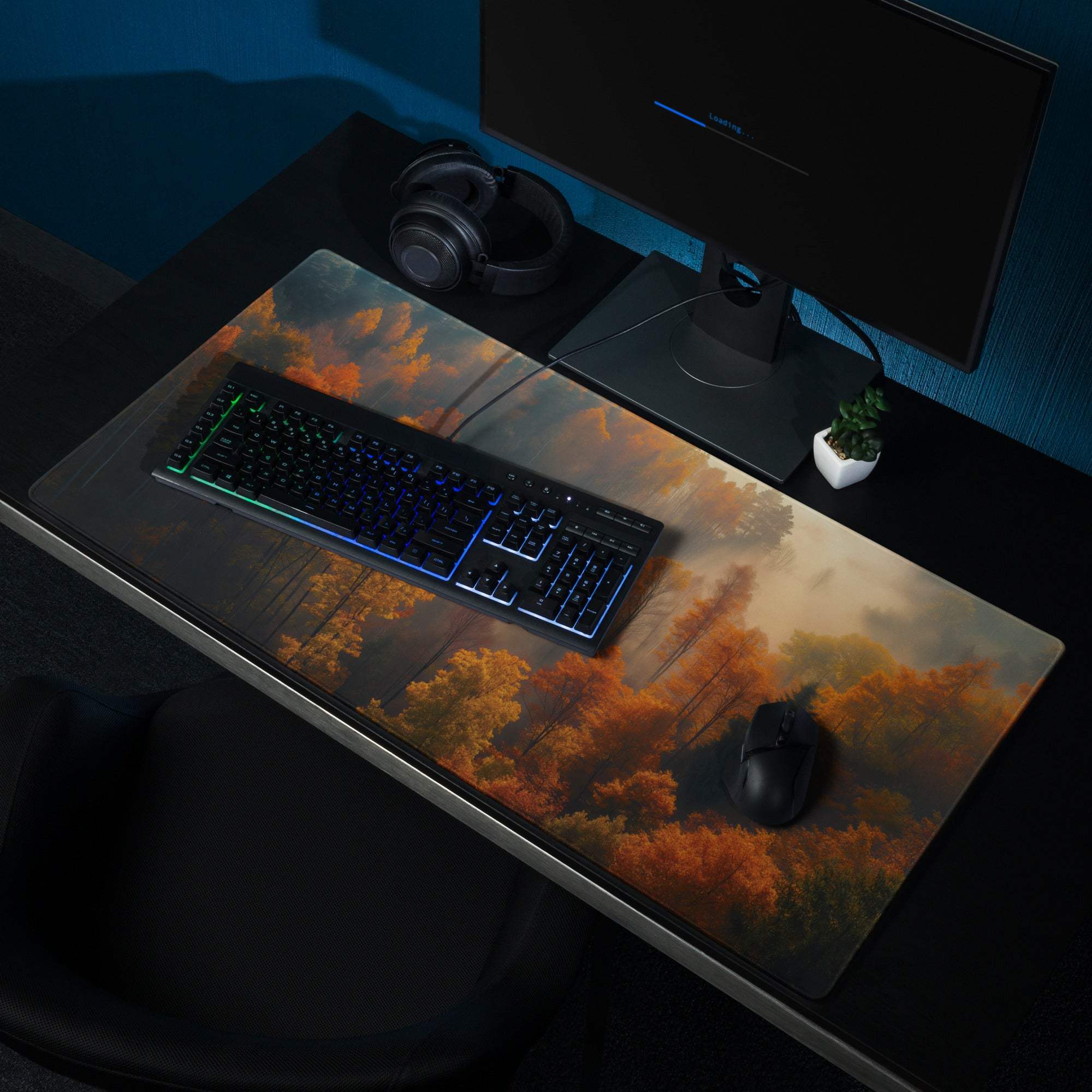 Premium Autumn Forest gaming mouse pad with vivid orange trees and misty sky