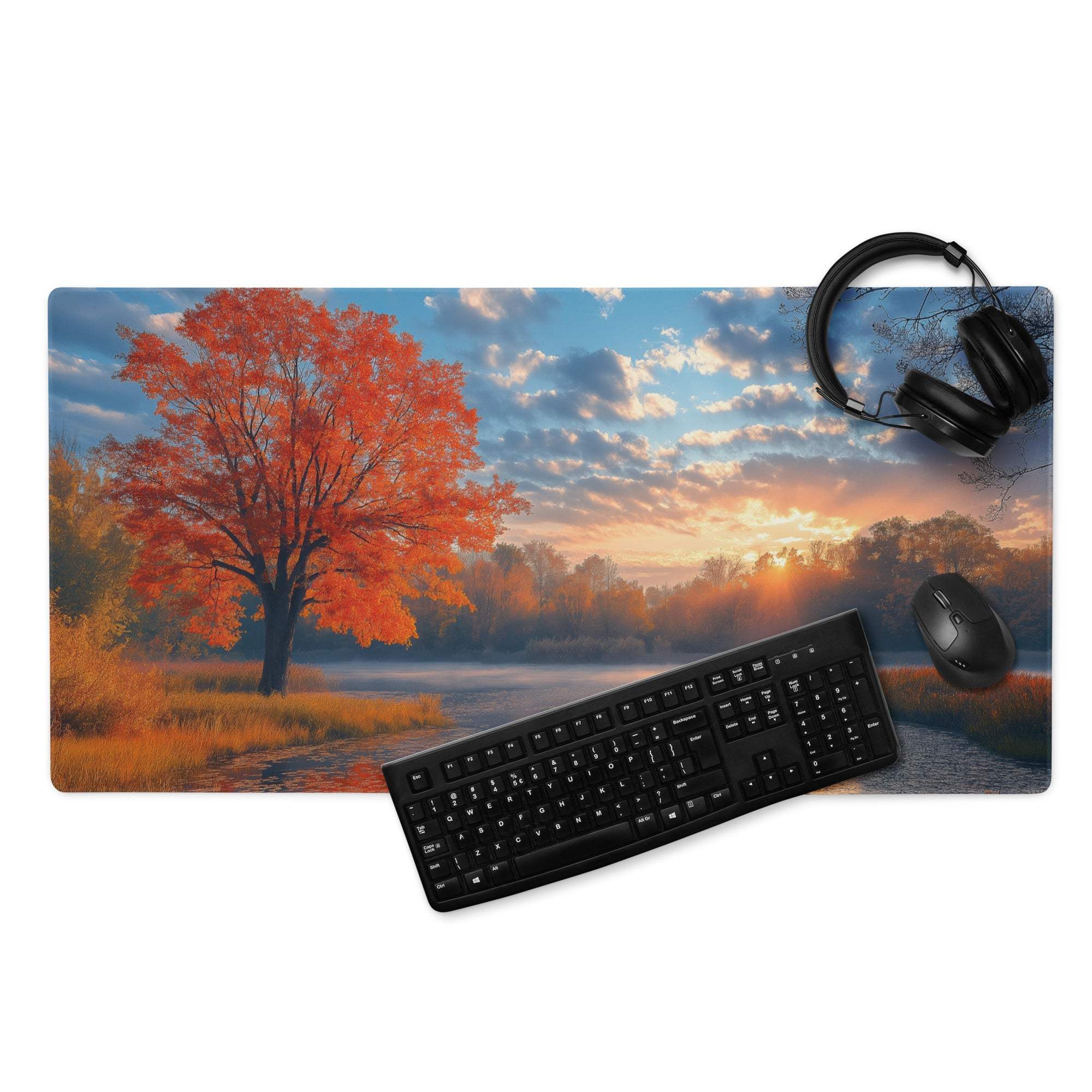 Large autumn sunset gaming mouse pad with orange tree scene and non-slip base