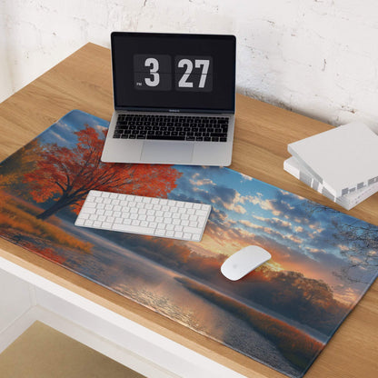 Autumn Sunset gaming mouse pad with orange red trees, non-slip base, stitched edges