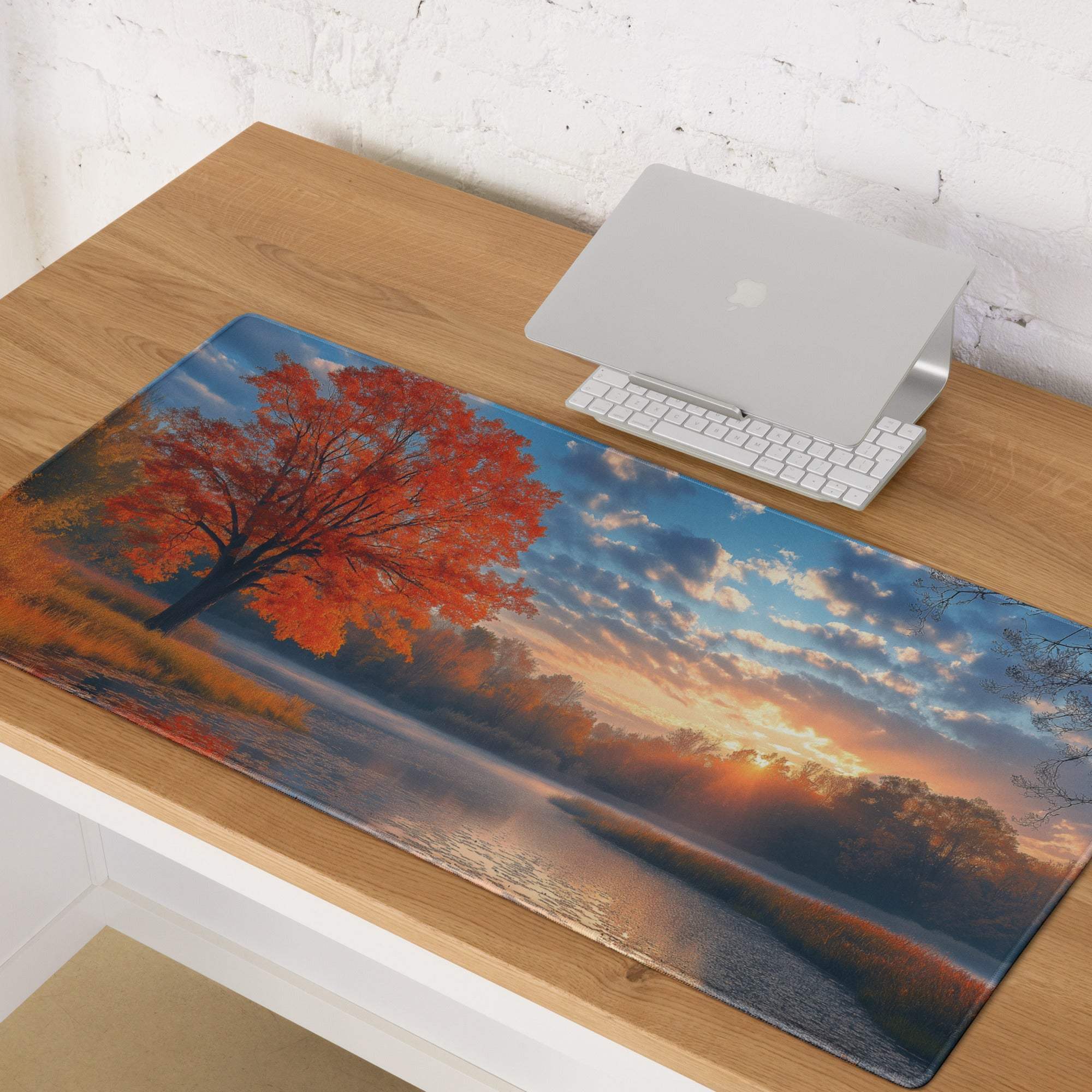 Large Autumn Sunset Landscape Gaming Mouse Pad with orange tree, non-slip base