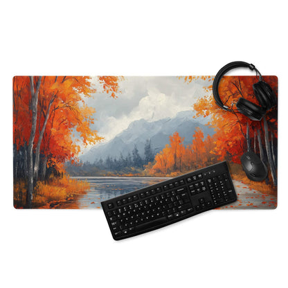 Oil painted autumn forest gaming mouse pad with lake, trees, non-slip backing