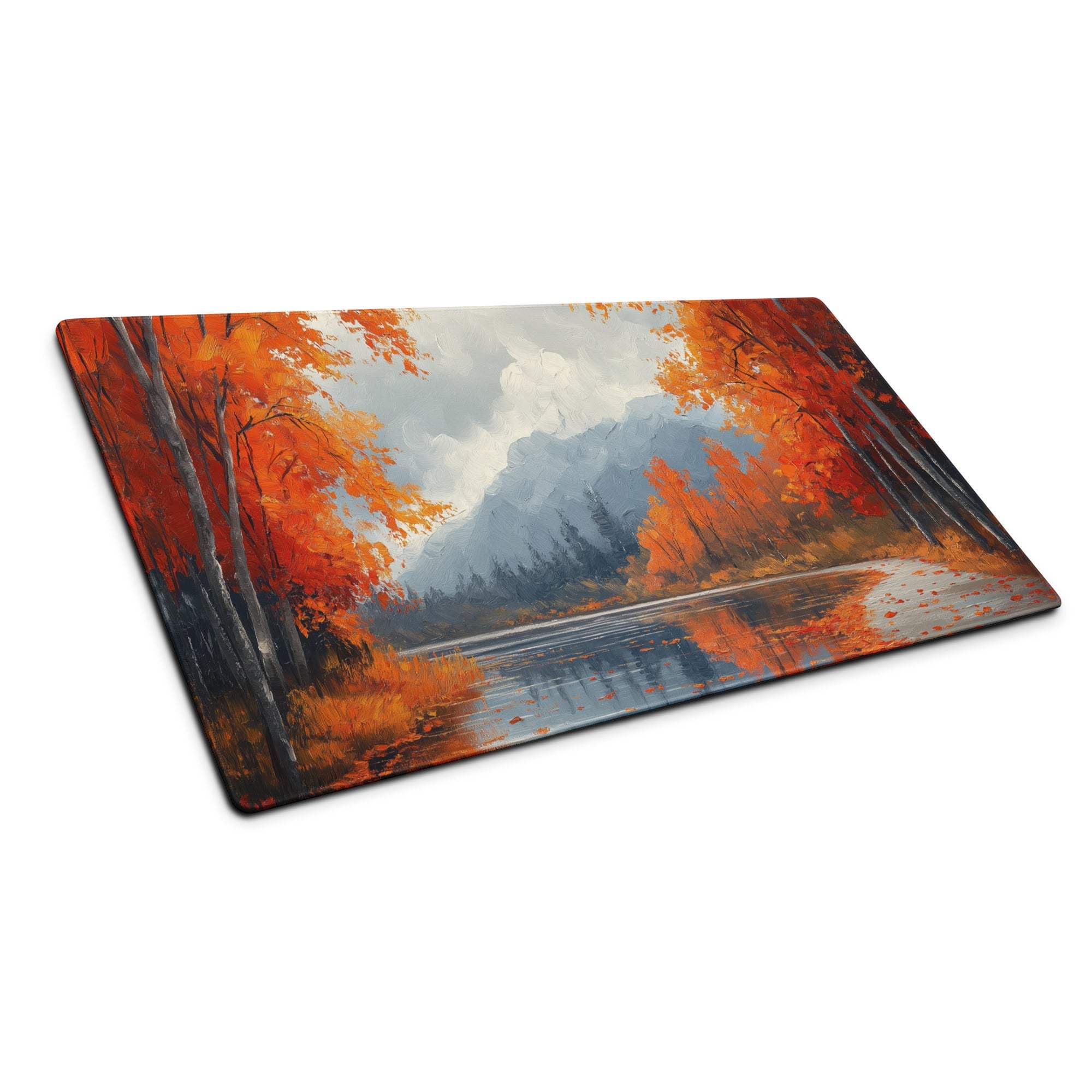 Oil painted autumn forest landscape gaming mouse pad with orange trees