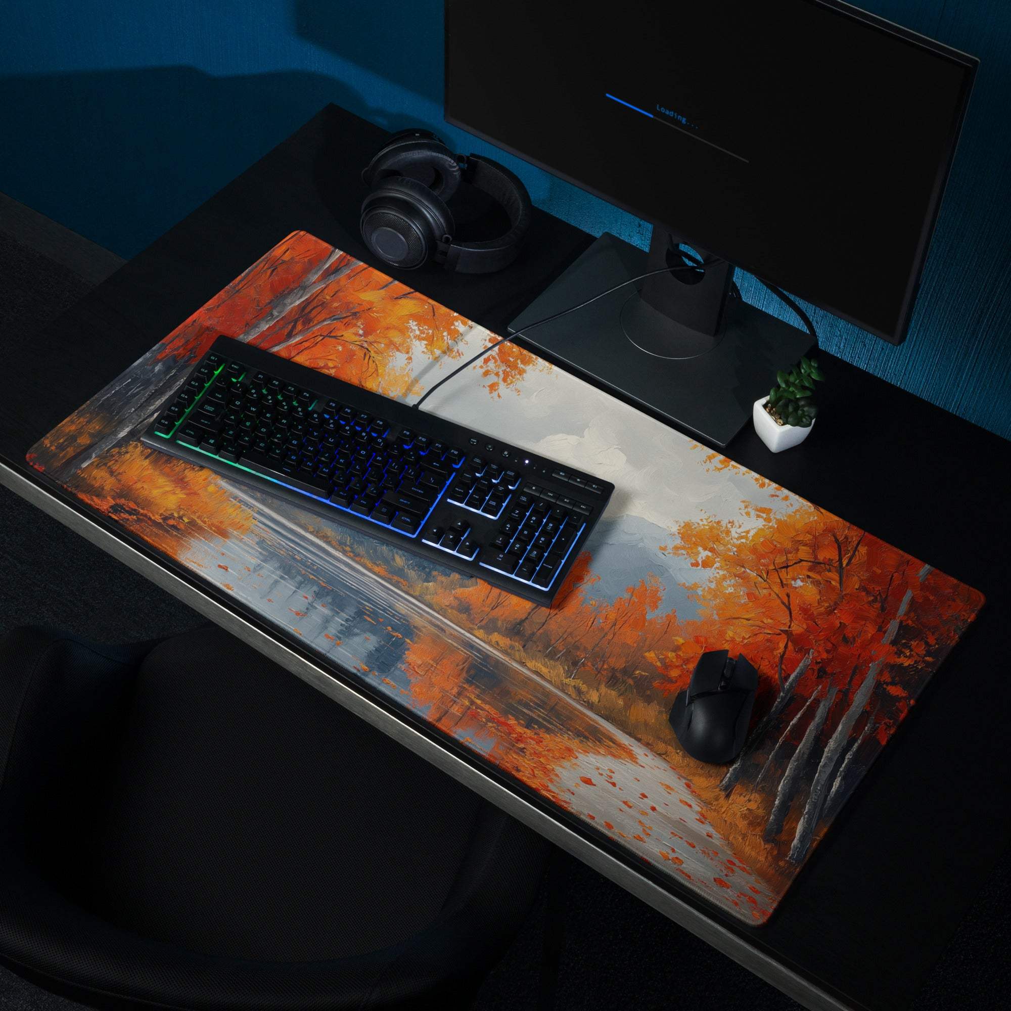 Oil painted autumn forest gaming mouse pad with non-slip backing