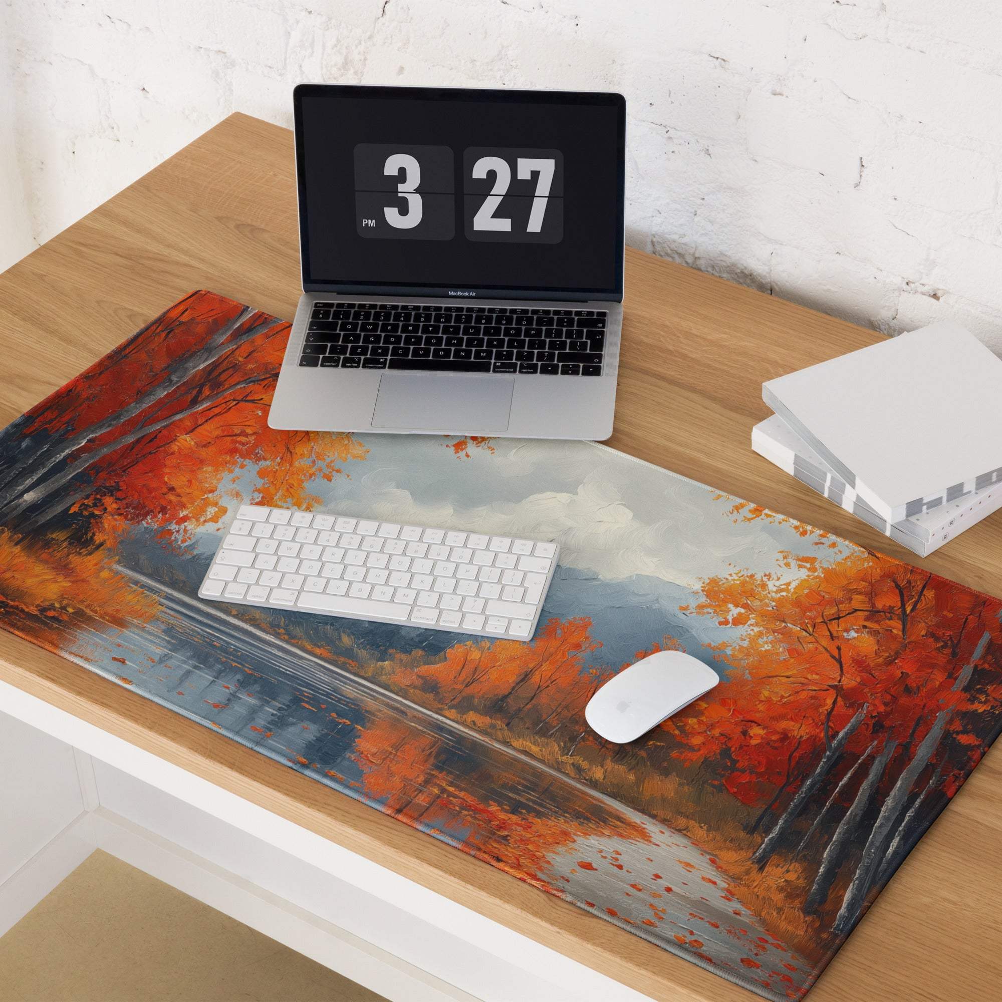 Oil painted autumn forest gaming mouse pad with fiery orange trees reflection