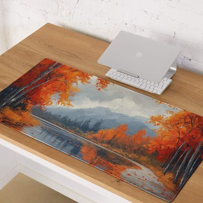Oil painted autumn forest gaming mouse pad with orange tones and non-slip backing