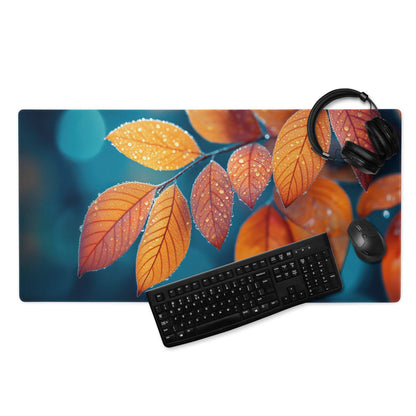 Autumn Leaves Gaming Mouse Pad with Vibrant Orange Red Leaves Dewdrops Teal Background