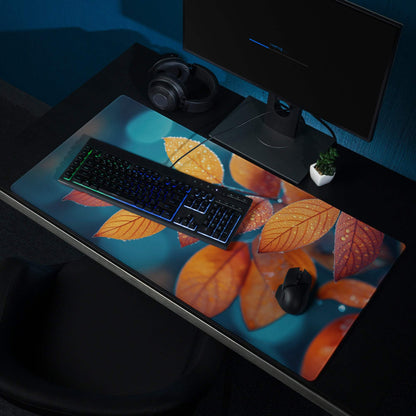 Large Autumn Leaves gaming mouse pad with orange red teal design on dark blue, non-slip stitched edges