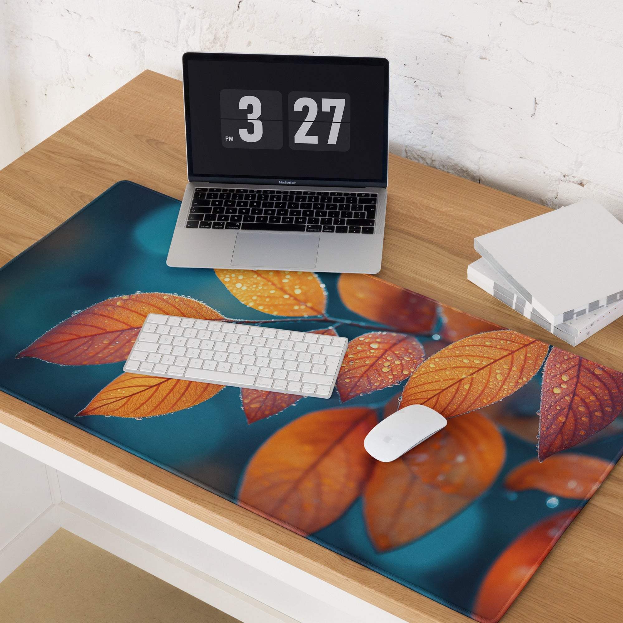 Autumn Leaves gaming mouse pad with orange red leaves on teal, large non-slip