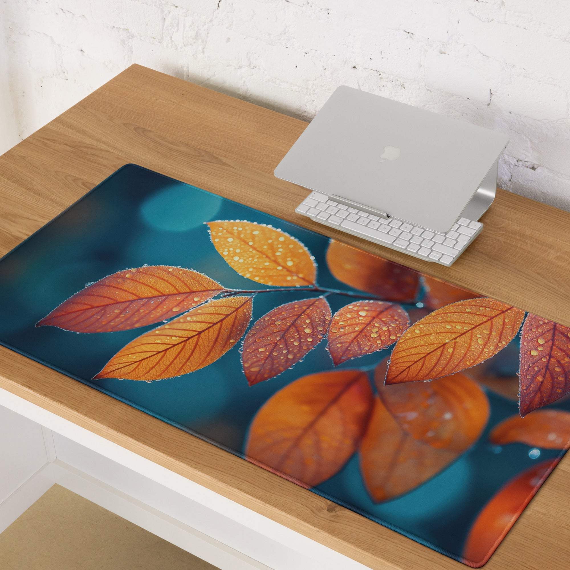 Autumn Leaves gaming mouse pad with orange red leaves on teal, large non-slip