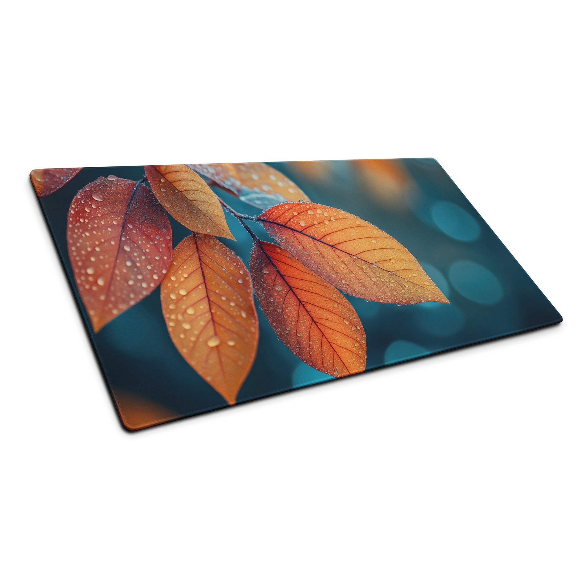 Autumn leaves gaming mouse pad with dew drops on orange leaves, non-slip base