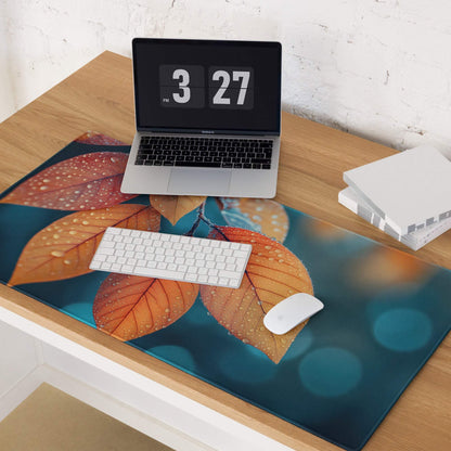 Autumn leaves gaming mouse pad with orange brown leaves, water droplets on teal background