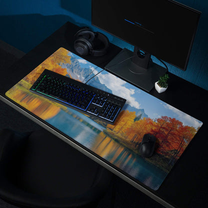 Autumn mountain landscape gaming mouse pad with lake reflection, non-slip base