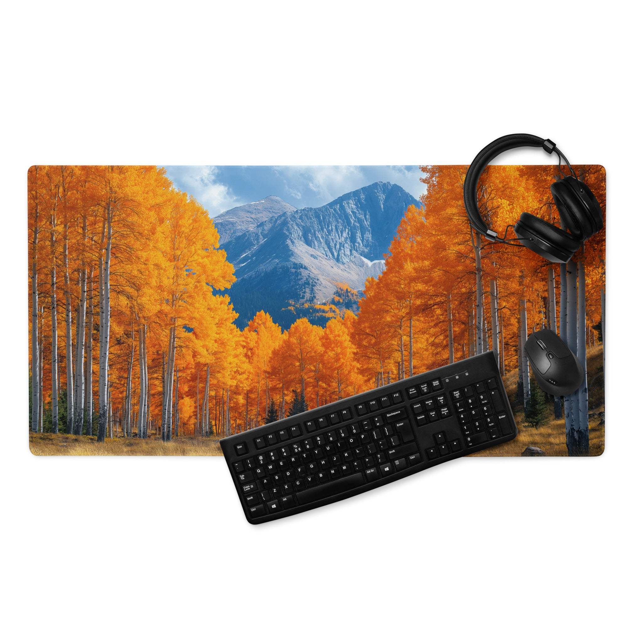 Nature autumn forest orange gaming mouse pad with headphones keyboard