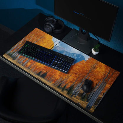 Large nature-inspired autumn forest orange gaming mousepad with non-slip base