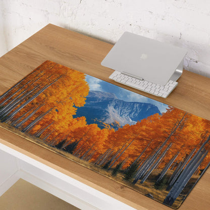 Vibrant autumn forest gaming mouse pad with orange aspens, blue mountains, non-slip base