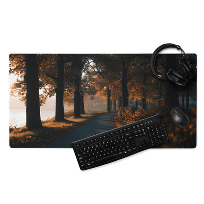 Large nature-inspired autumn forest path gaming mouse pad with black keyboard and mouse
