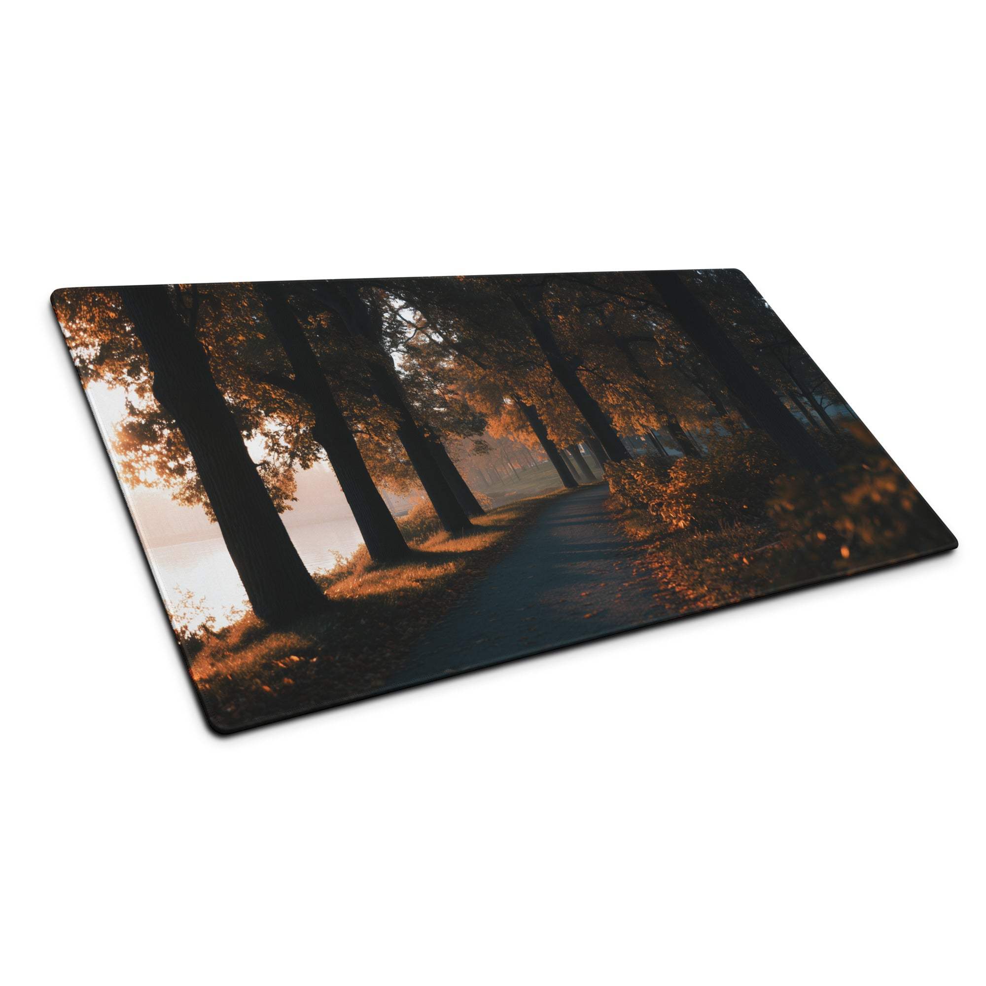 Rectangular glass cutting board with misty autumn forest path print