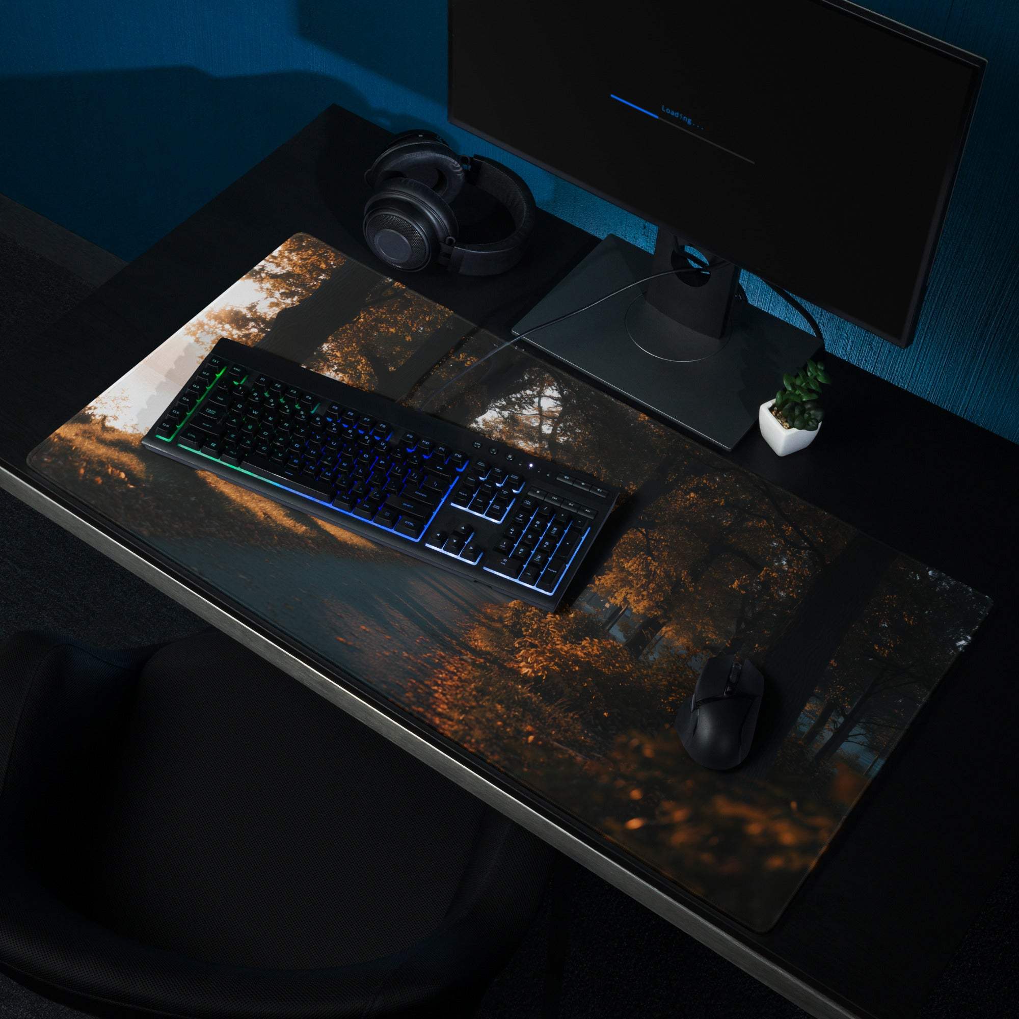 Large gaming mouse pad with autumn forest path, glowing orange leaves, non-slip backing