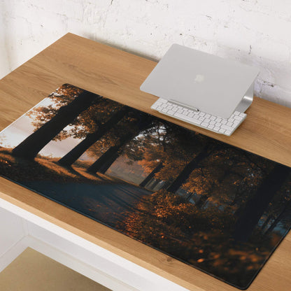 Large gaming mouse pad with autumn forest path, golden leaves, non-slip backing