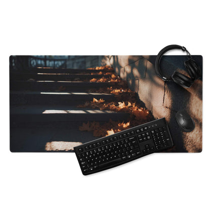 Urban Dusk gaming mouse pad with sunlit autumn leaves stone steps