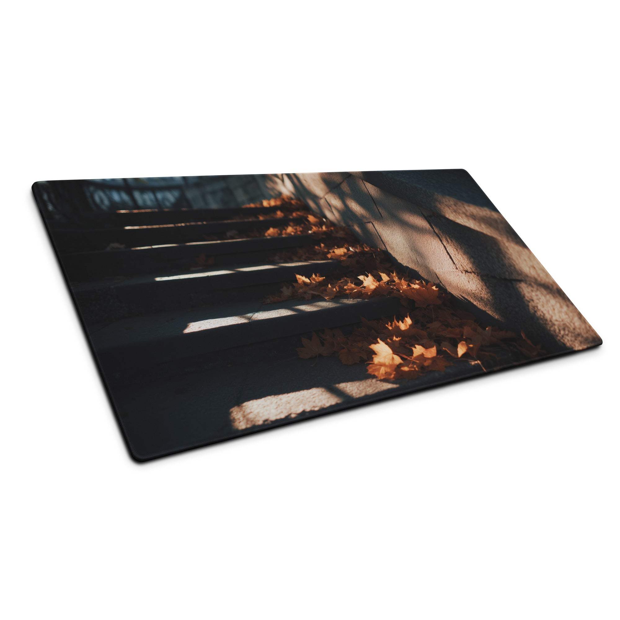 Urban Dusk autumnal gaming mouse pad with sunlit stone stairs and orange leaves