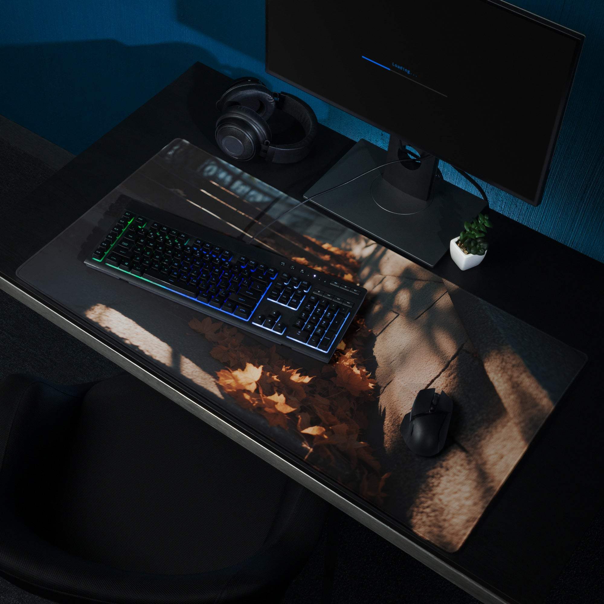 Transparent autumn leaves gaming mousepad with urban dusk style, non-slip base