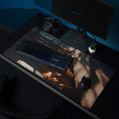 Transparent autumn leaves gaming mousepad with urban dusk style, non-slip base