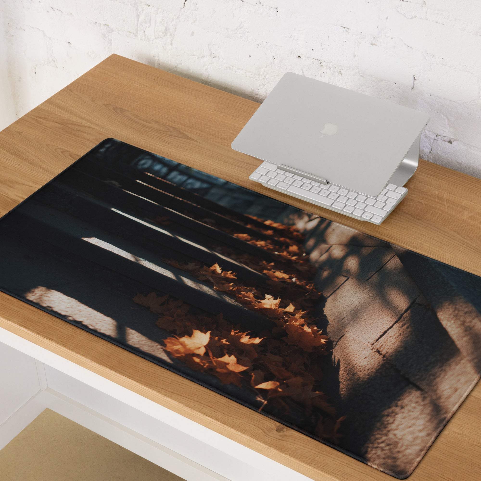 Urban Dusk autumn leaves on wood gaming mouse pad, non-slip base