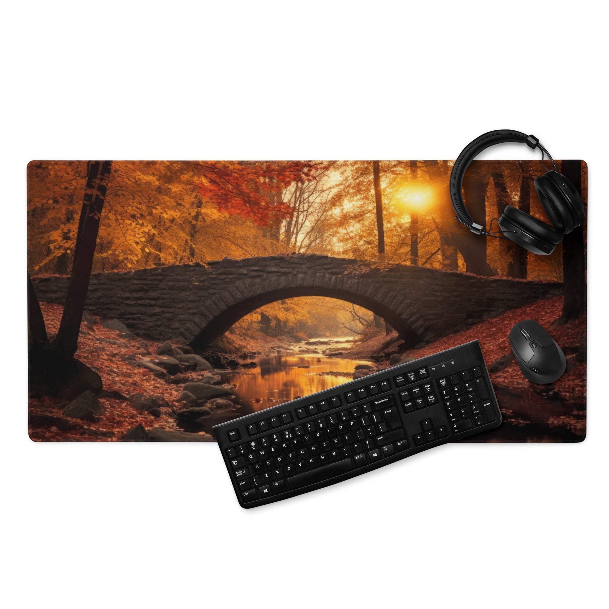 Large Autumn Forest Bridge Gaming Mouse Pad with Golden Sunset Scene