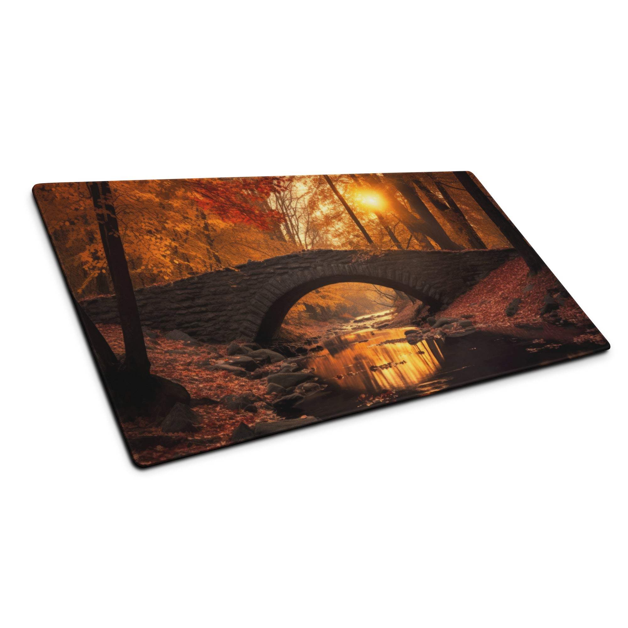 Autumn forest bridge with golden sunset on large gaming mouse pad