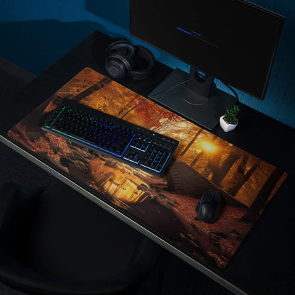 Autumn forest bridge with golden sunset gaming mouse pad, large non-slip stitched edge