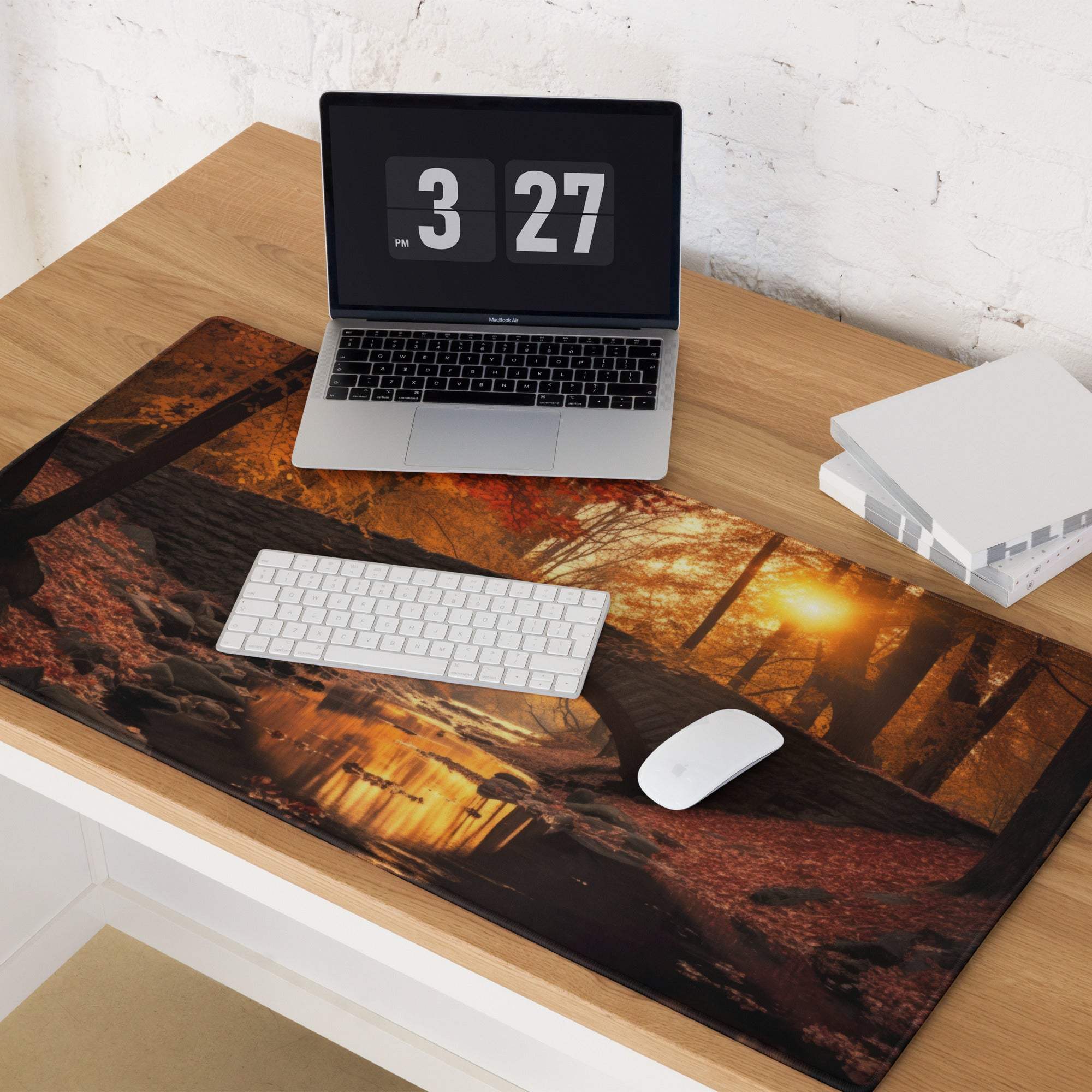 Large Autumn Forest Bridge gaming mouse pad with golden sunset scene