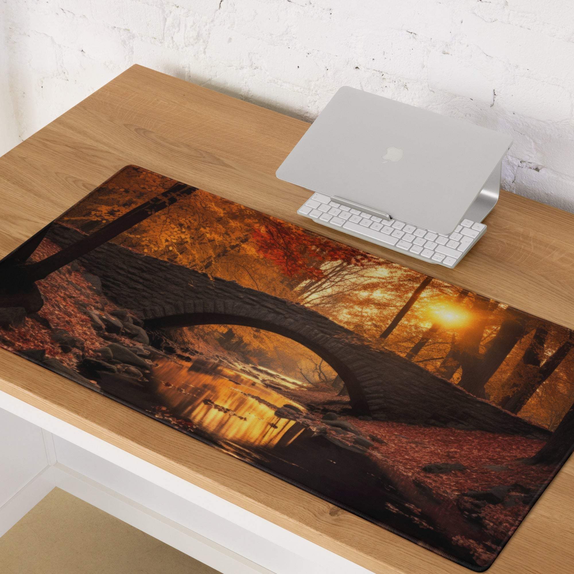 Large Autumn Forest Bridge gaming mouse pad with sunset scene