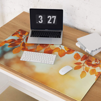 Autumn leaves gaming mouse pad with orange sunset design on large desk mat