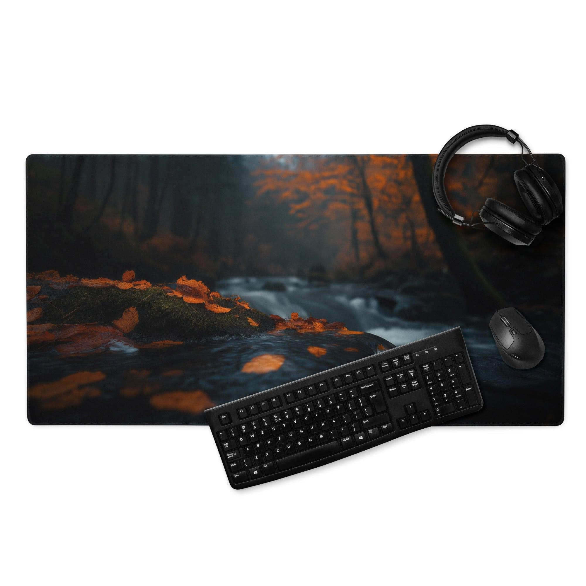 Black Moody Forest Night gaming mouse pad with autumn scene
