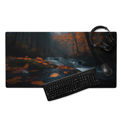 Black Moody Forest Night gaming mouse pad with autumn scene
