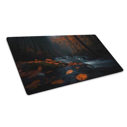 Moody forest night gaming mouse pad with glowing orange autumn leaves stream