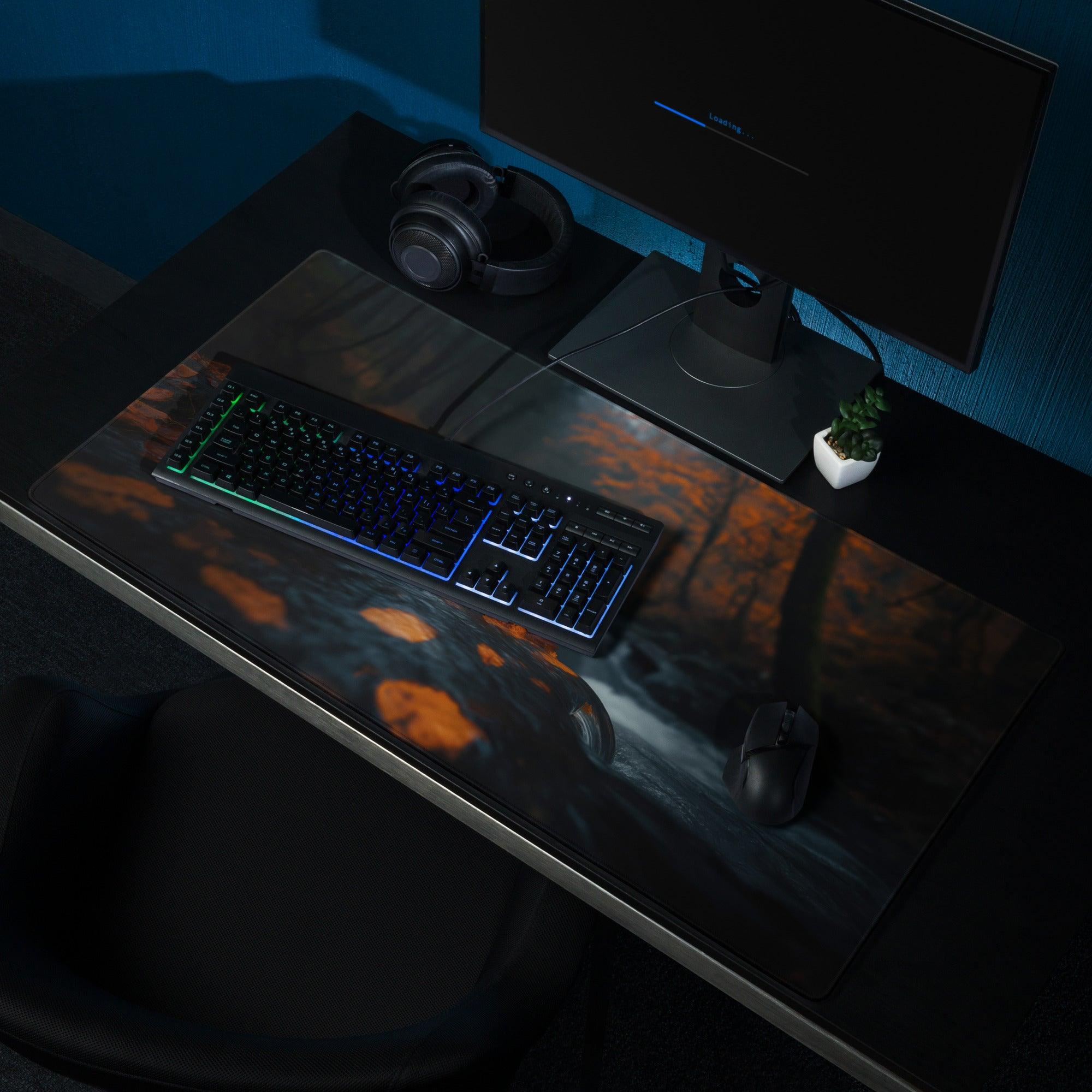 Moody Forest Night gaming mouse pad with dark misty forest scene