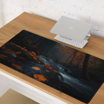 Moody Forest Night gaming mouse pad with autumn stream design