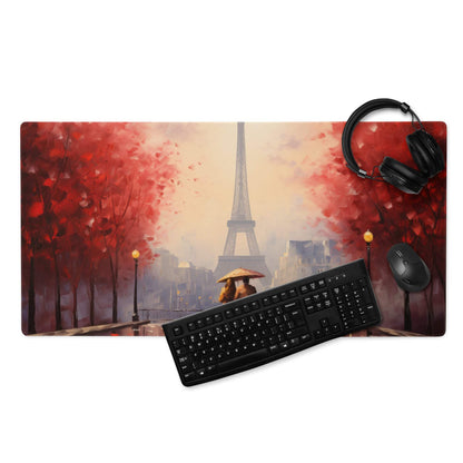 Autumn Red Paris Eiffel Tower gaming mouse pad with headphones and keyboard
