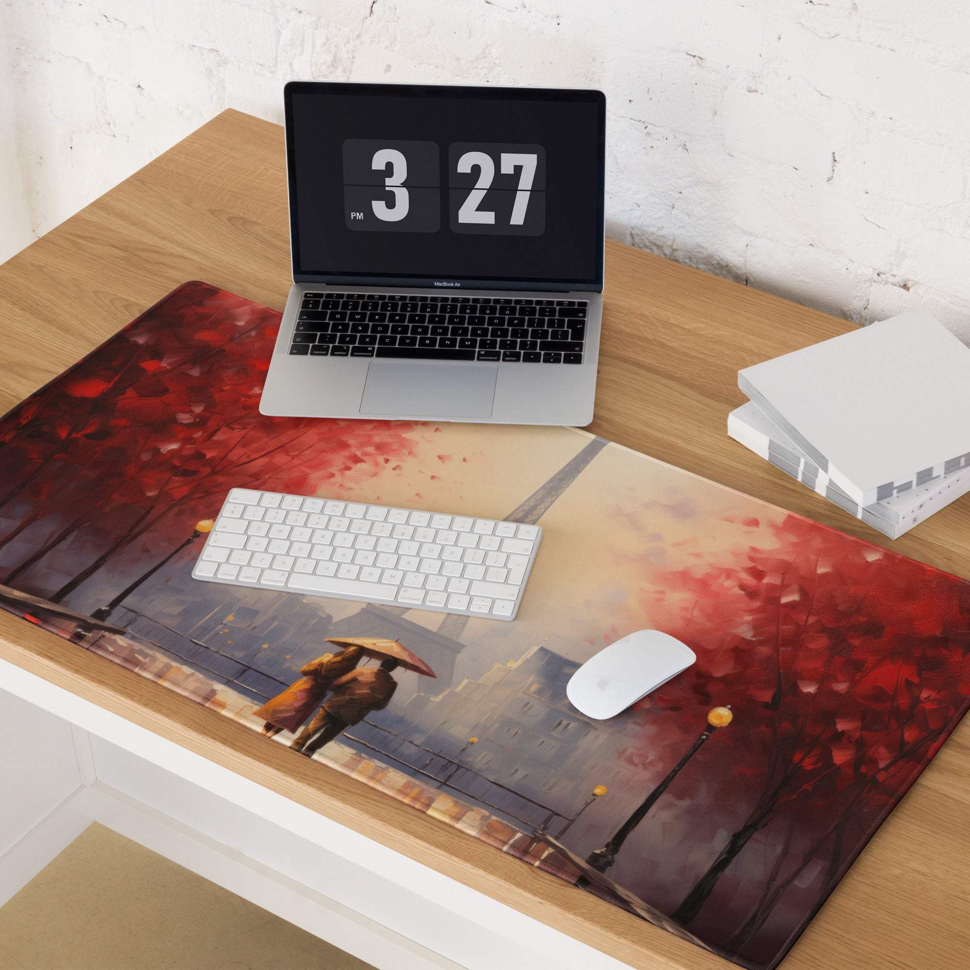 Autumn red Paris cityscape gaming mouse pad with figure under umbrella and falling leaves