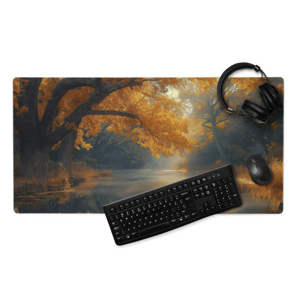 Large Autumn Forest Riverside gaming mouse pad with golden leaves, mist, non-slip base