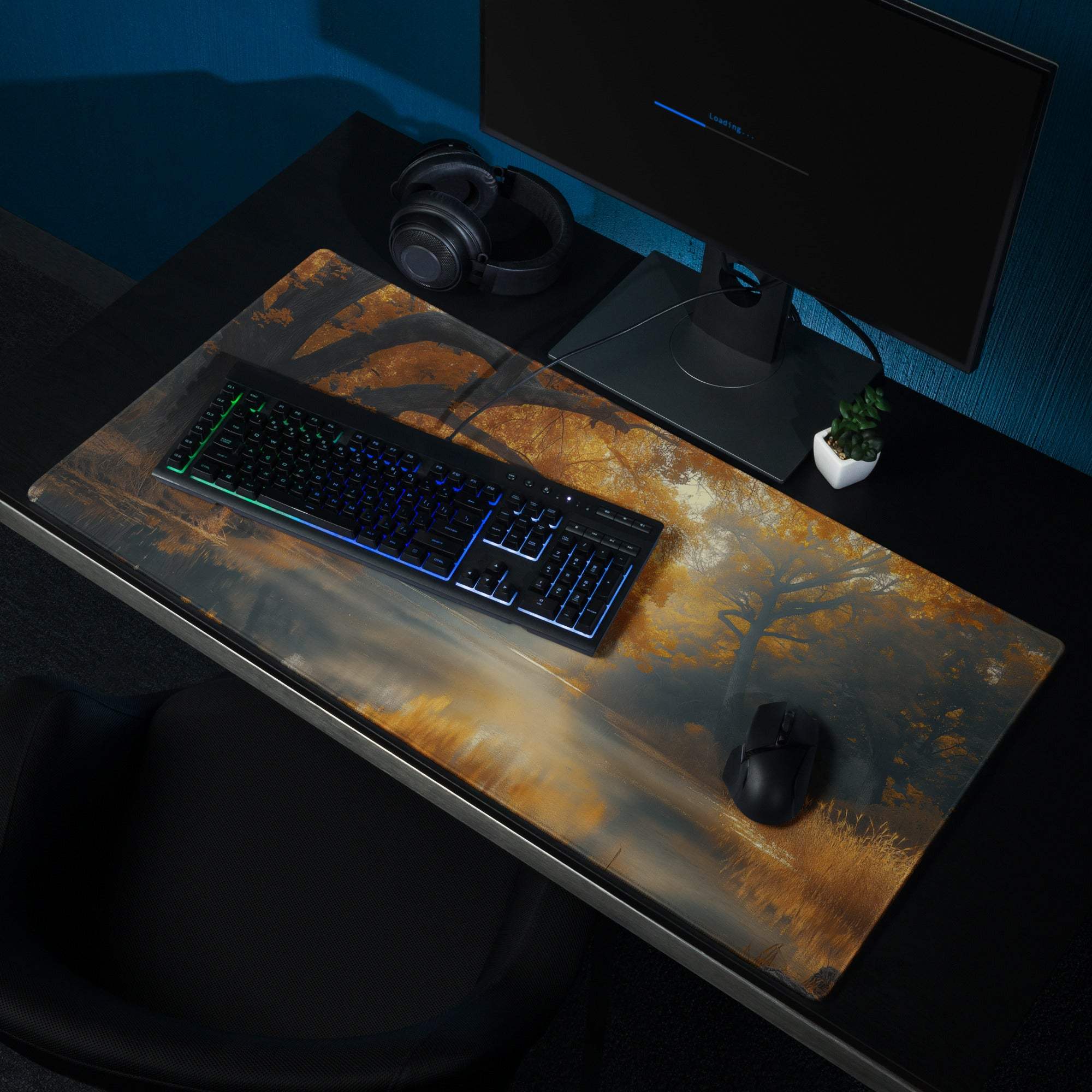 Autumn Forest Riverside gaming mouse pad with warm glow landscape